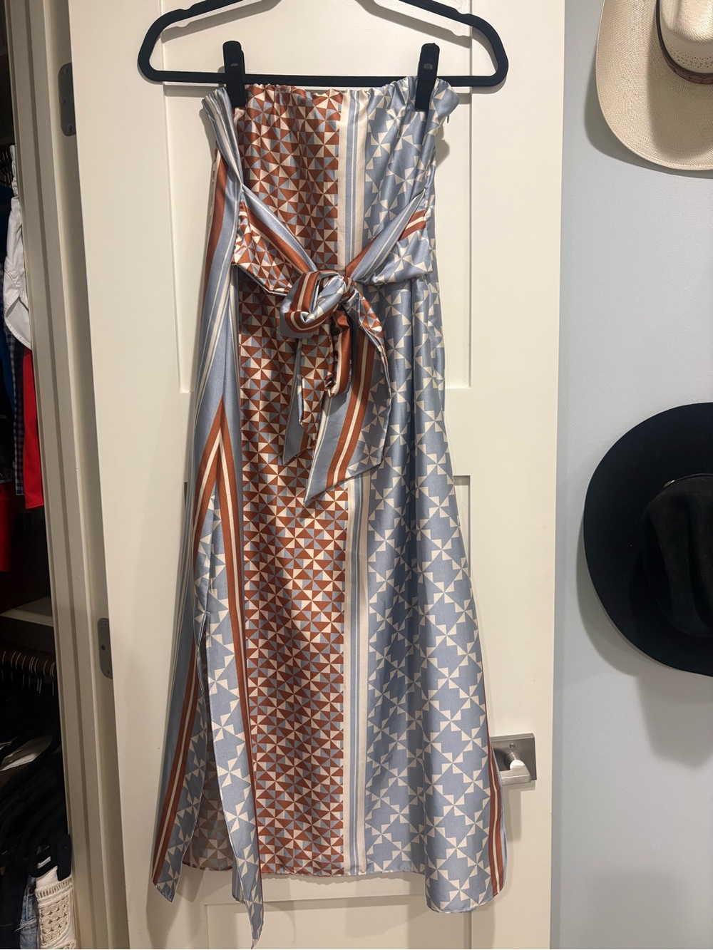 Misa Los Angeles Strapless Geometric Maxi Dress in Blue & Rust